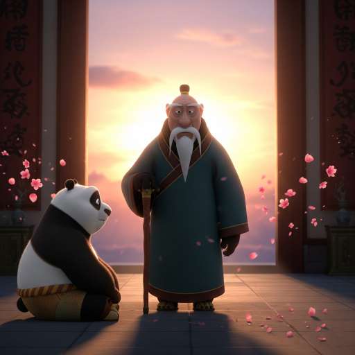 Yesterday is history: Master Oogway stands peacefully at the center of the hall, Po sits beside him
