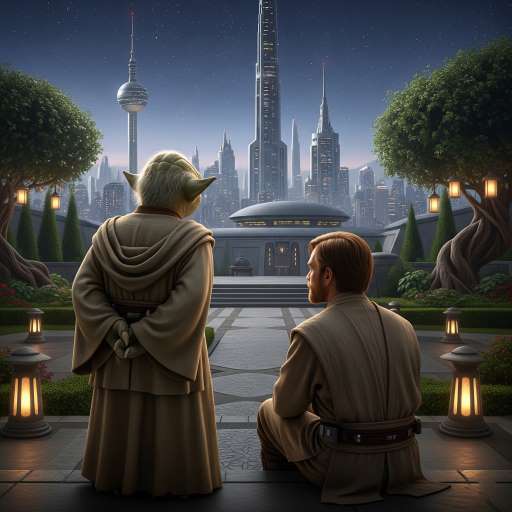 Master Yoda stands with his hands folded. Beside him sits Obi-Wan