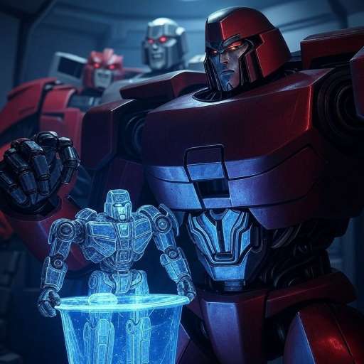 Megatron stands brooding over a projection of Cybertron