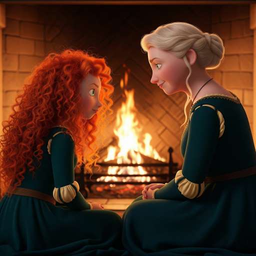 Merida and Queen Elinor sit side by side in front of a warm fire