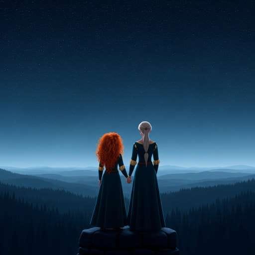 Merida and Queen Elinor stand atop the highest tower