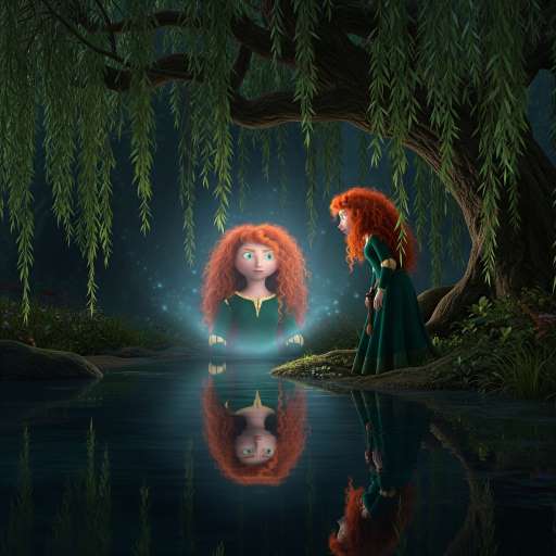Merida sees a mysterious reflection of a regal woman with stern in forest pool