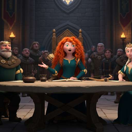 Merida sits at a stone table with clan leaders and her parents