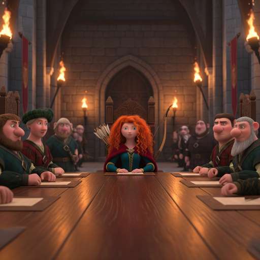 Merida sits confidently at the council table with clan leaders on either side