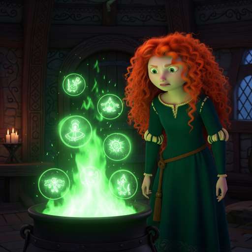 Merida watches flickering images in a green flame