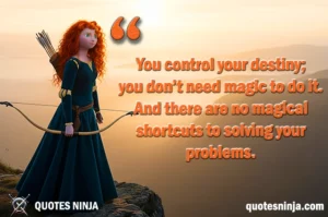 Merida stands on a high cliff at sunset