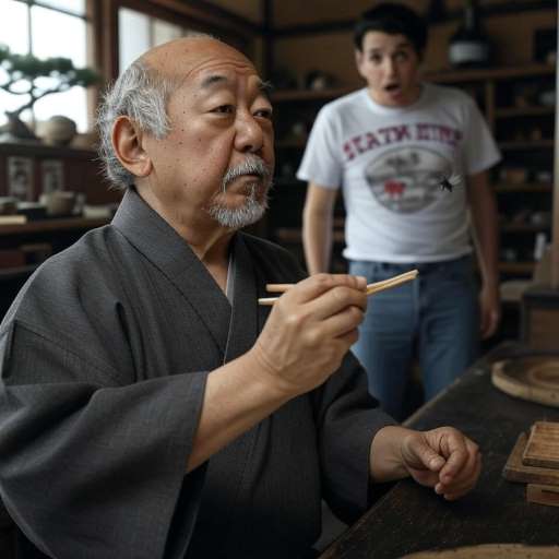 Each person we meet: Miyagi calmly trying to catch a fly with chopsticks while Daniel watches