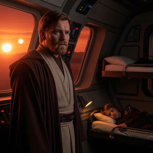 Fear is the path to the dark side: Obi-Wan Kenobi stands near sleeping a young Anakin