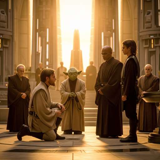 Obi-Wan kneels before the Council. Yoda and Mace Windu look solemn