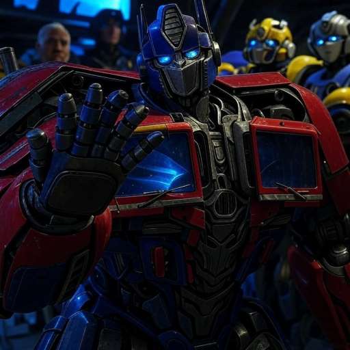 Sometimes you have to lose a war: Optimus Prime stands in front of his worn but loyal crew