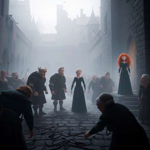 Queen Elinor stands alone, trying to calm the chaos