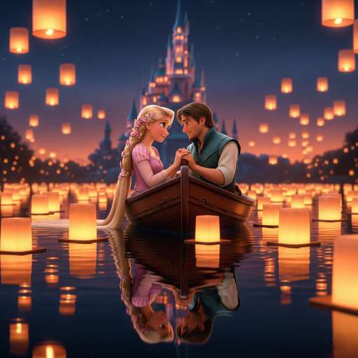 Rapunzel and Flynn sit in a small wooden boat