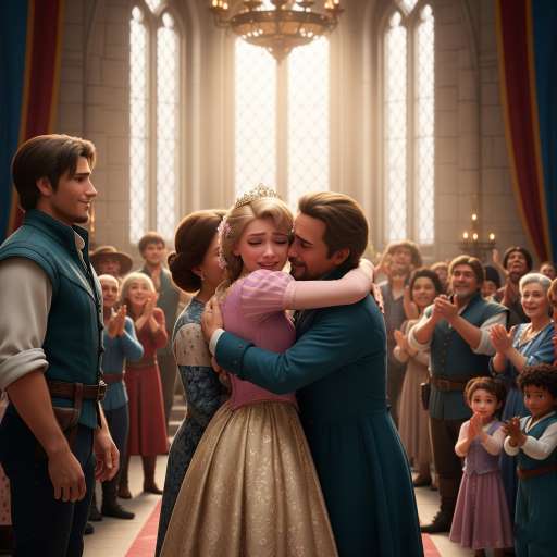Rapunzel, embraces her mother and father in castle