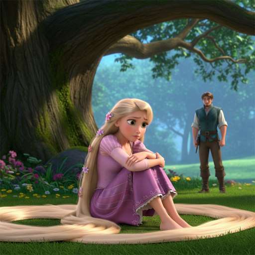 Rapunzel sits under Oak tree with her knees pulled to her chest