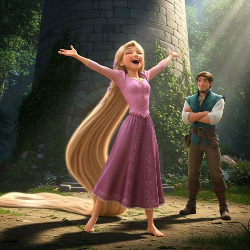 Rapunzel, stands at the base of the tower & Flynn stands nearby