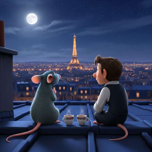 Remy and Linguini sit side by side at rooftop at night