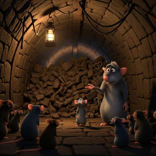 Remy stands beside his father Django with other rats in tunnel