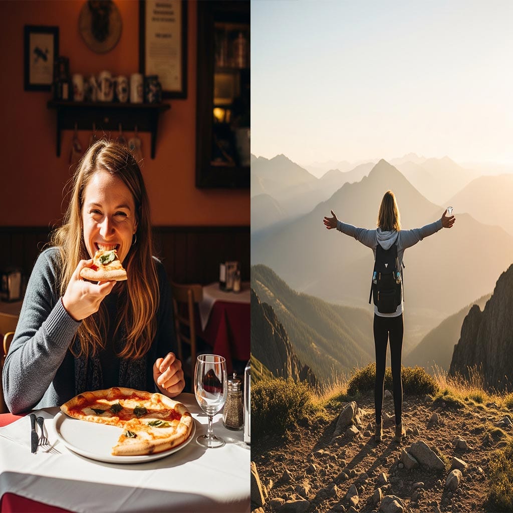 Mingle life is gold: Split image Elizabeth in pizza shop and in mountain area