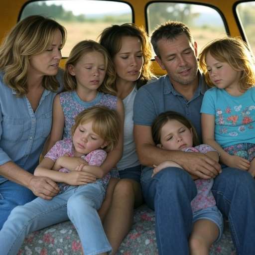 The Hoover family sitting together on the van’s floor