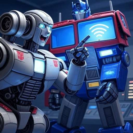 Wheeljack excitedly points at a glowing signal on a display screen, behind Optimus Prime