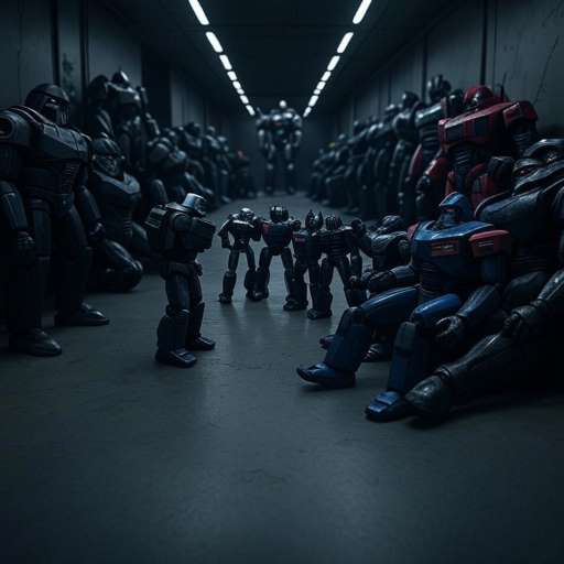 a group of Decepticons argue quietly while others slump against walls