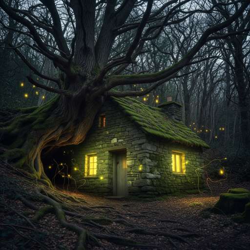 You control your destiny: crooked stone cottage nestled under the roots of a twisted tree