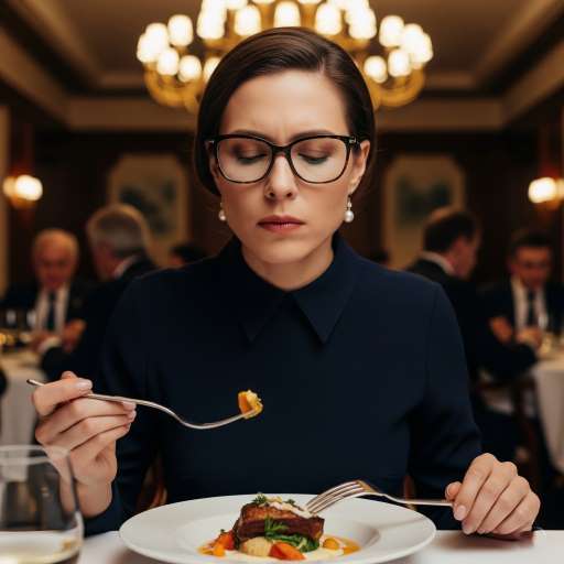 food critic with sharp glasses takes a bite of the surprise dish