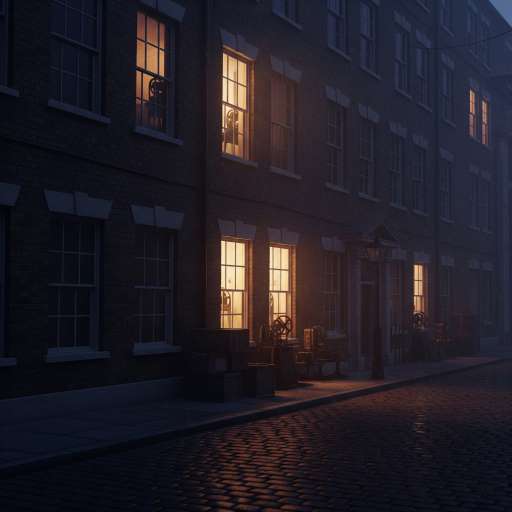 Notice the patterns: historic brick building with soft light glowing from its windows