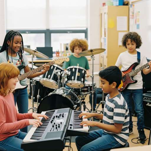 Children must be taught how to think: kids playing guitar, drums, keyboard, etc.
