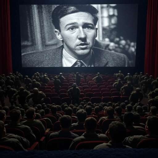 A large screen shows a grainy black-and-white projection of The Prince