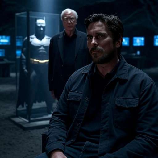 Bruce sits in front of his suit. Alfred stands beside him
