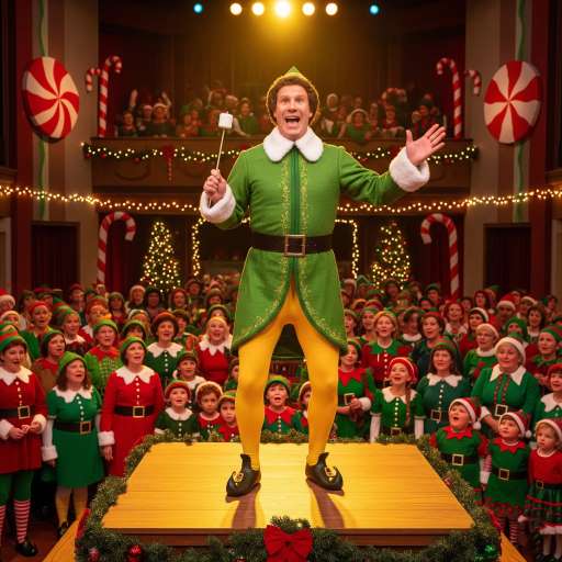 Buddy Giving a Motivational Speech to a Crowd of Elves