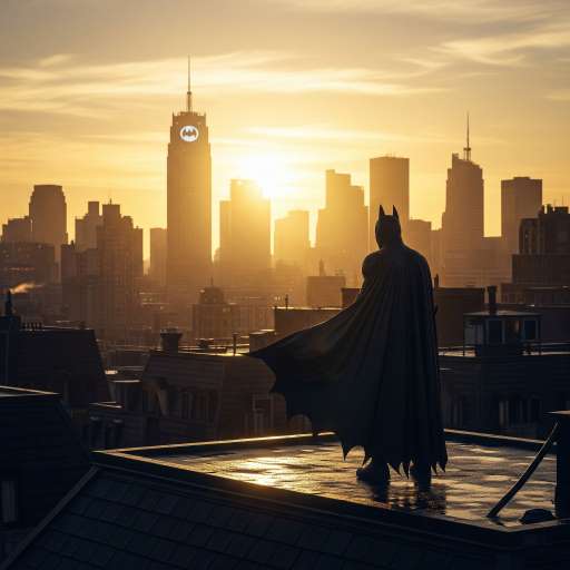 From a high vantage point, Batman stands silhouetted against the light