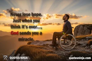 A handicapped man on wheelchair stand at the cliff of mountain at dusk