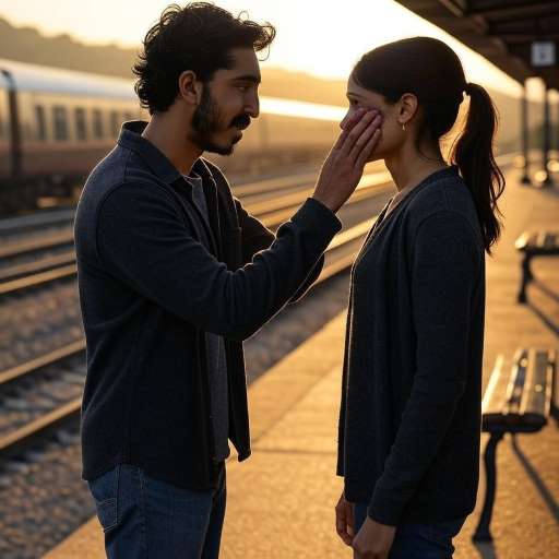 Jamal and Latika stand facing each other at railway platform