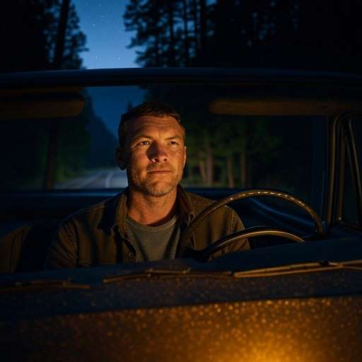 Mack drives his pickup truck along a quiet road