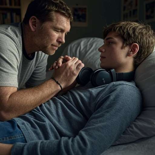 Mack sits beside his teenage son Josh