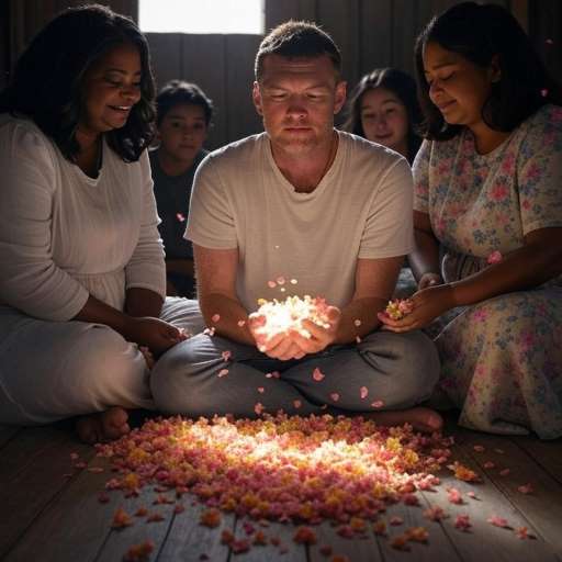 Mack sits cross-legged on the wooden floor surrounded by Papa, Jesus, Sarayu & ..