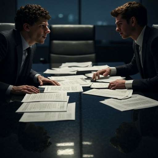 Mark Zuckerberg sits across from Eduardo Saverin, in a meeting room