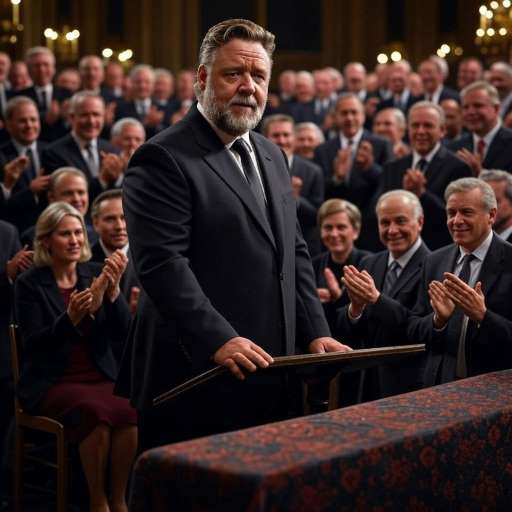 Nash, now aged, stands at a podium in a grand hall