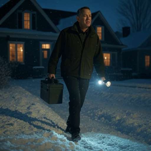 Otto walks across the snowy street at night with a flashlight