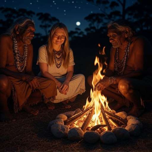 Robyn sitting around a small campfire with Aboriginal elders