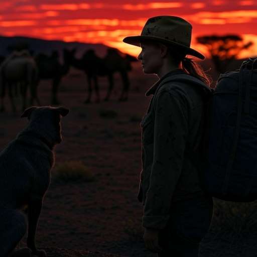 It's your road and yours alone: Robyn standing at the edge of the Australian outback at sunrise beside her dog and camels