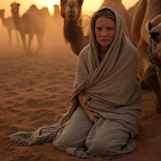 It's your road and yours alone: Robyn wrapped in cloth, kneeling beside her camels