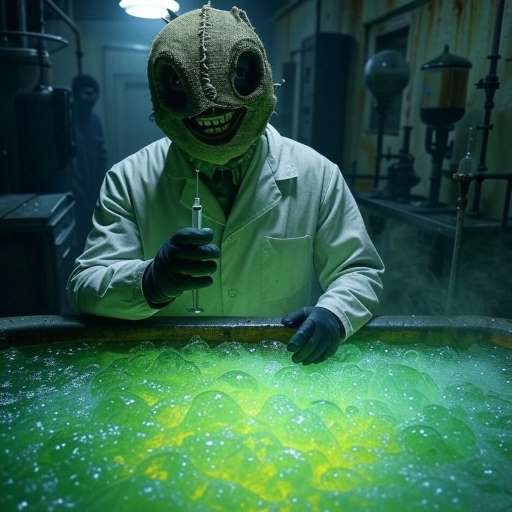 Scarecrow stands before a bubbling vat of glowing green fear toxin