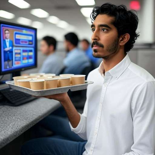 Teen Jama carrying a tray of chai cups through a high-tech call center