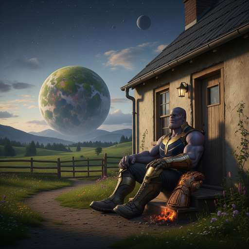 Thanos sits at the doorstep of a small cottage, the gauntlet resting beside him