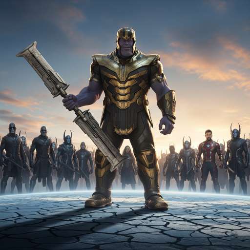 Thanos, stands with his massive double-bladed sword. Behind him is his entire army