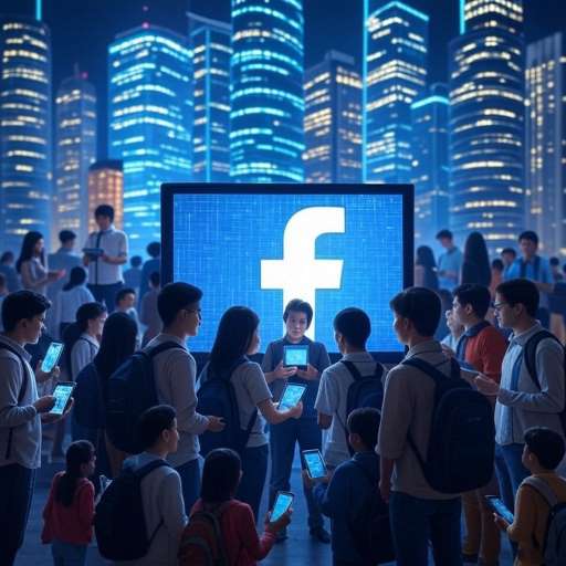 a large number of people stands in-front of screen displays the Facebook logo