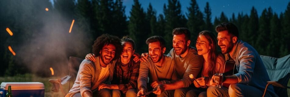 Group of close friends laughing around a campfire representing everlasting friendship.